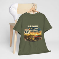 Front Print: Illinois Route 66 100 Years T-Shirt | Mother Road tee, vintage car graphic