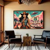 Cowgirl Wall Art, Pink Alien Print, Retro Sci Fi Western Decor, Vintage Desert Poster, Route 66 Illustration Art, 1950s style Print