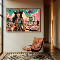 Cowgirl Wall Art, Pink Alien Print, Retro Sci Fi Western Decor, Vintage Desert Poster, Route 66 Illustration Art, 1950s style Print