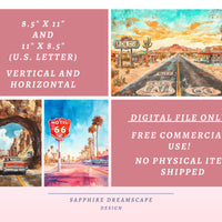 Vibrant Route 66 Junk Journal Pages, US Letter Travel Backgrounds, Retro Americana Printable Paper
