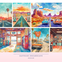 Vibrant Route 66 Junk Journal Pages, US Letter Travel Backgrounds, Retro Americana Printable Paper