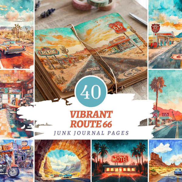 Vibrant Route 66 Junk Journal Pages, US Letter Travel Backgrounds, Retro Americana Printable Paper