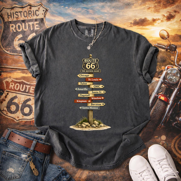 Route 66 Tee Signpost T-Shirt | Vintage Roadtrip Directions Road Trip Shirts