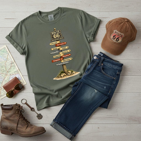 Route 66 Tee Signpost T-Shirt | Vintage Roadtrip Directions Road Trip Shirts