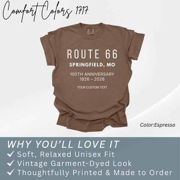 Route 66 100th Anniversary Shirt Springfield MO 1926–2026 Historic Route 66 Souvenir Tee USA Road Trip Route66 Centennial Comfort Colors Tee