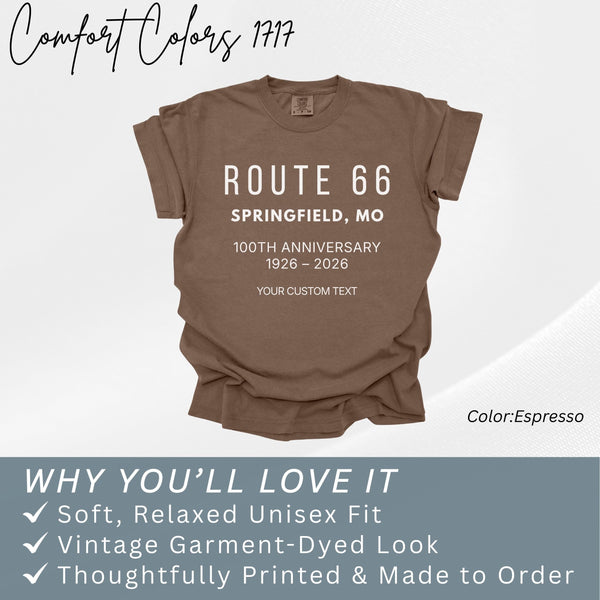 Route 66 100th Anniversary Shirt Springfield MO 1926–2026 Historic Route 66 Souvenir Tee USA Road Trip Route66 Centennial Comfort Colors Tee