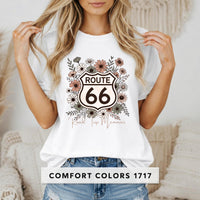 Route 66 T-Shirts, Floral Shield T-shirt | Retro Highway Sign with Wildflowers, Road Trip Tee's