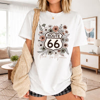 Route 66 T-Shirts, Floral Shield T-shirt | Retro Highway Sign with Wildflowers, Road Trip Tee's