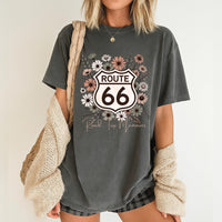 Route 66 T-Shirts, Floral Shield T-shirt | Retro Highway Sign with Wildflowers, Road Trip Tee's