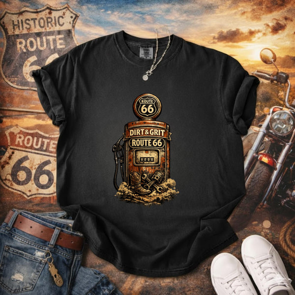 Route 66 Tee, Vintage Gas Pump T-shirt, Dirt & Grit Americana