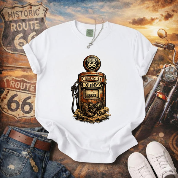 Route 66 Tee, Vintage Gas Pump T-shirt, Dirt & Grit Americana