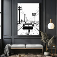 Route 66 Minimal Line Art Poster Matte Vertical Posters | Vintage Car Rear-View