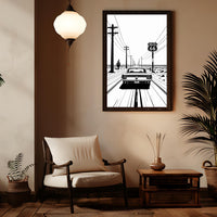 Route 66 Minimal Line Art Poster Matte Vertical Posters | Vintage Car Rear-View