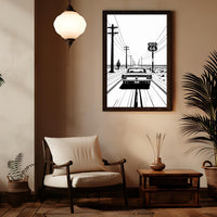 Route 66 Minimal Line Art Poster Matte Vertical Posters | Vintage Car Rear-View