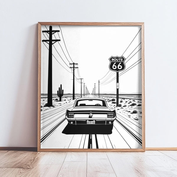 Route 66 Minimal Line Art Poster Matte Vertical Posters | Vintage Car Rear-View