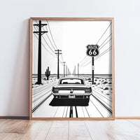 Route 66 Minimal Line Art Poster Matte Vertical Posters | Vintage Car Rear-View