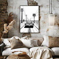 Route 66 Minimal Line Art Poster Matte Vertical Posters | Vintage Car Rear-View