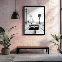 Route 66 Minimal Line Art Poster Matte Vertical Posters | Vintage Car Rear-View