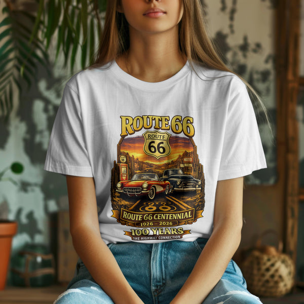 Front Print: Route 66 Centennial Vintage Car T-Shirt | Retro Highway Graphic