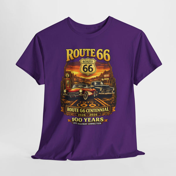 Front Print: Route 66 Centennial Vintage Car T-Shirt | Retro Highway Graphic