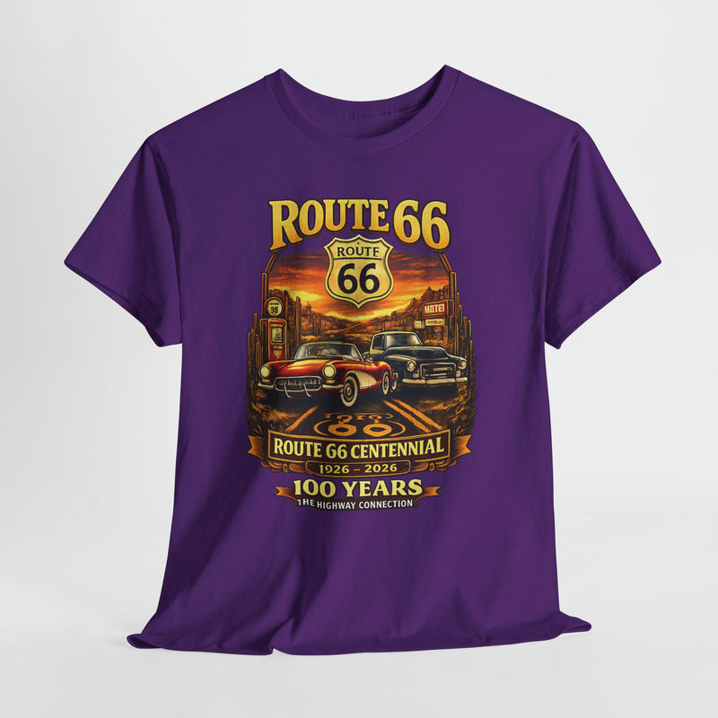 Front Print: Route 66 Centennial Vintage Car T-Shirt | Retro Highway Graphic