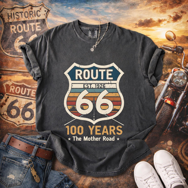 Retro Route 66 Centennial T-Shirt Classic Americana Road Trip Tee | 100th Anniversary Mother Road Rt. 66 Souvenir Shirt for Men & Women