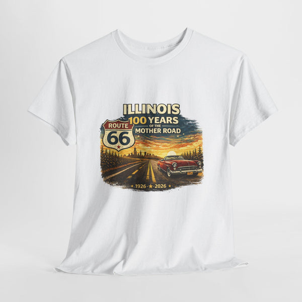 Front Print: Illinois Route 66 100 Years T-Shirt | Mother Road tee, vintage car graphic