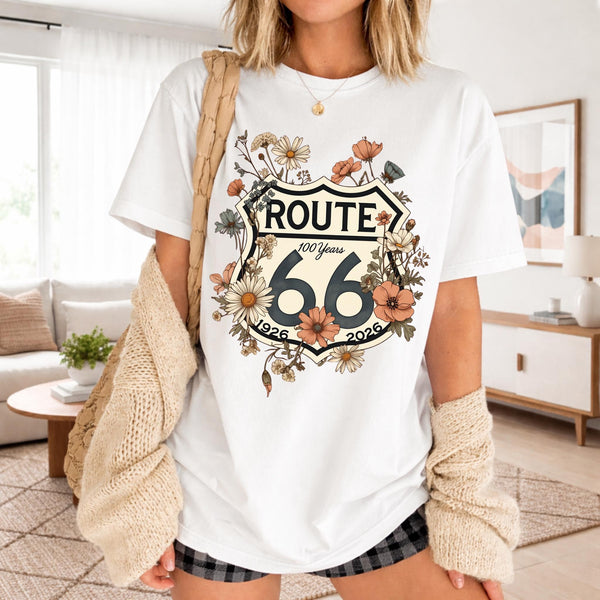 Route 66 Floral Shield T-shirt | Vintage Highway Shirt Road Trip Tee | 100 Years Anniversary Shirt