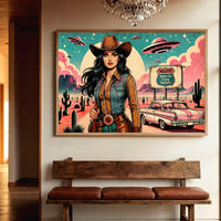 Cowgirl Wall Art, Pink Alien Print, Retro Sci Fi Western Decor, Vintage Desert Poster, Route 66 Illustration Art, 1950s style Print
