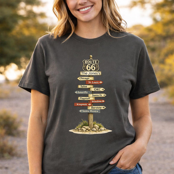 Custom Road Trip Tee Route 66 tee Signpost Road Trip T-shirt | Personalized Road trip Family Tee