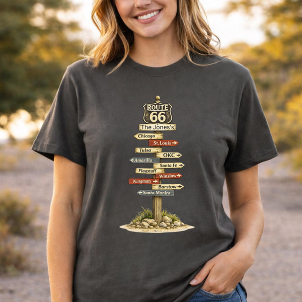 Custom Road Trip Tee Route 66 tee Signpost Road Trip T-shirt | Personalized Road trip Family Tee