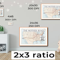 1926 Route 66 map with blue water printable wall art (instant download)
