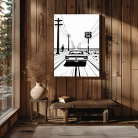 Route 66 Minimal Line Art Poster Matte Vertical Posters | Vintage Car Rear-View
