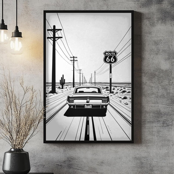 Route 66 Minimal Line Art Poster Matte Vertical Posters | Vintage Car Rear-View