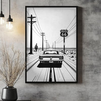 Route 66 Minimal Line Art Poster Matte Vertical Posters | Vintage Car Rear-View