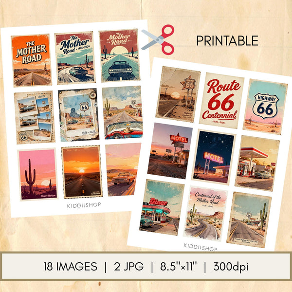 Route 66 100th Printable Journal Cards – Retro Americana Scrapbooking Ephemera – Road Trip Collage, Junk Journal, Instant Download JPG