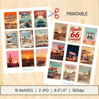 Route 66 100th Printable Journal Cards – Retro Americana Scrapbooking Ephemera – Road Trip Collage, Junk Journal, Instant Download JPG