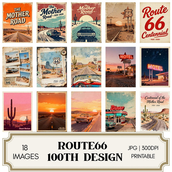 Route 66 100th Printable Journal Cards – Retro Americana Scrapbooking Ephemera – Road Trip Collage, Junk Journal, Instant Download JPG