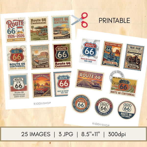 Route 66 Centennial Stamp Printable Bundle – Vintage Retro Americana Postage Ephemera – Junk Journal, Scrapbooking, Instant Download JPG
