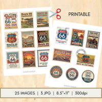 Route 66 Centennial Stamp Printable Bundle – Vintage Retro Americana Postage Ephemera – Junk Journal, Scrapbooking, Instant Download JPG