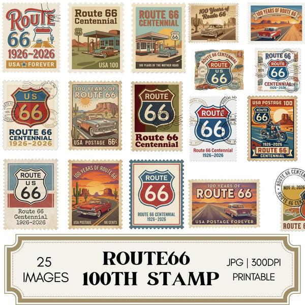 Route 66 Centennial Stamp Printable Bundle – Vintage Retro Americana Postage Ephemera – Junk Journal, Scrapbooking, Instant Download JPG