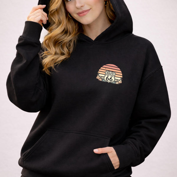 Route 66 100 Year Anniversary Hoodie Floral Retro Sunset Womens Hooded Sweatshirt 1926 2026 Open Road Design