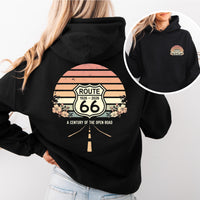 Route 66 100 Year Anniversary Hoodie Floral Retro Sunset Womens Hooded Sweatshirt 1926 2026 Open Road Design
