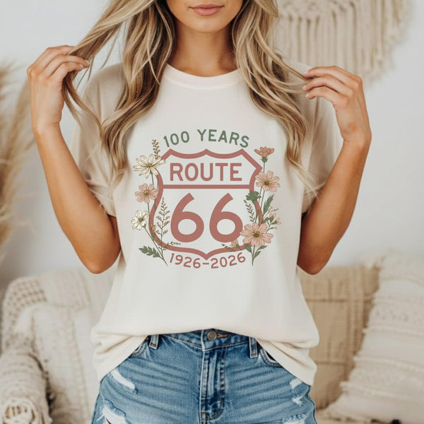 100 Years Route 66 Floral Shield T-shirt | Anniversary Tee Road Trip Shirts Route 66 tee