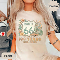 Route 66 100 Years 1926-2026 T-Shirts Sweatshirt, Vintage Car Road Trip Design, Desert Flowers Cactus, Historic US Highway, Retro Travel