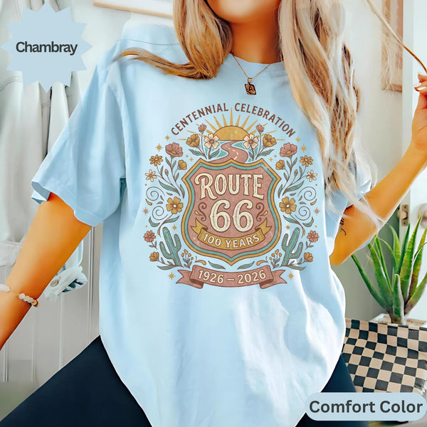 Route 66 comfort color T-Shirts Sweatshirt Centennial Celebration 1926-2026 Vintage Desert Floral Design