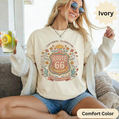 Route 66 comfort color T-Shirts Sweatshirt Centennial Celebration 1926-2026 Vintage Desert Floral Design