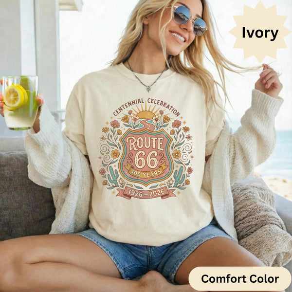 Route 66 comfort color T-Shirts Sweatshirt Centennial Celebration 1926-2026 Vintage Desert Floral Design