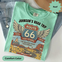 Custom text Route 66 T-Shirts Sweatshirt: Centennial Road Trip, Vintage Car, Personalized Name