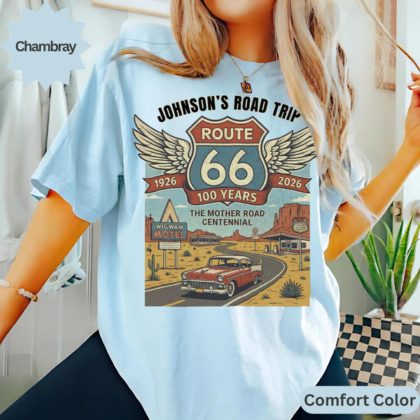 Custom text Route 66 T-Shirts Sweatshirt: Centennial Road Trip, Vintage Car, Personalized Name